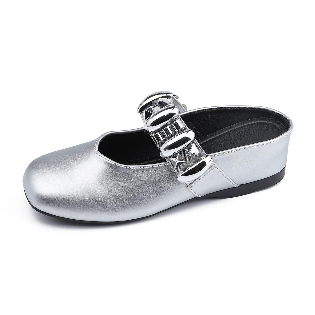 Summer new bag head cool slippers women wear high-end temperament square head women's shoes inner height increase silver Mary Jane shoes