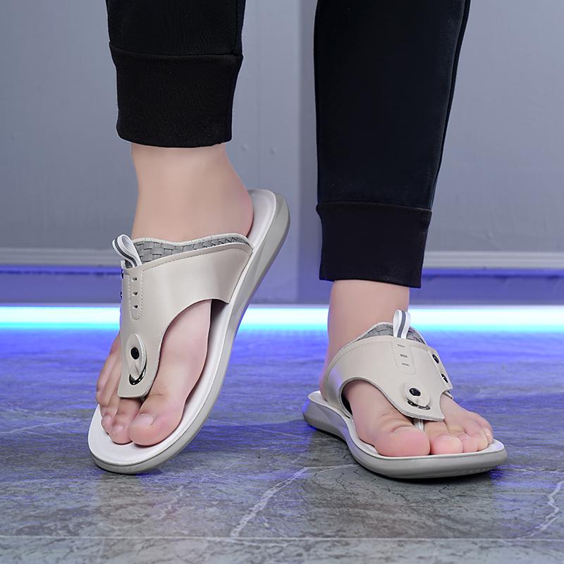 Men Flip Flops Flats Slippers Summer White Sandals Retro Black Leather Beach Shoes Plus Size