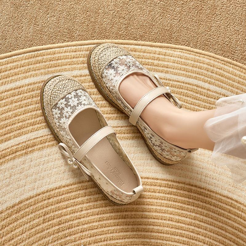 Fashion Elegant Women's Air Mesh Espadrilles Belt Strap Lace Mary Janes Ladies Breathable Lace Fisherman Shoes Embroidery Flats Loafers