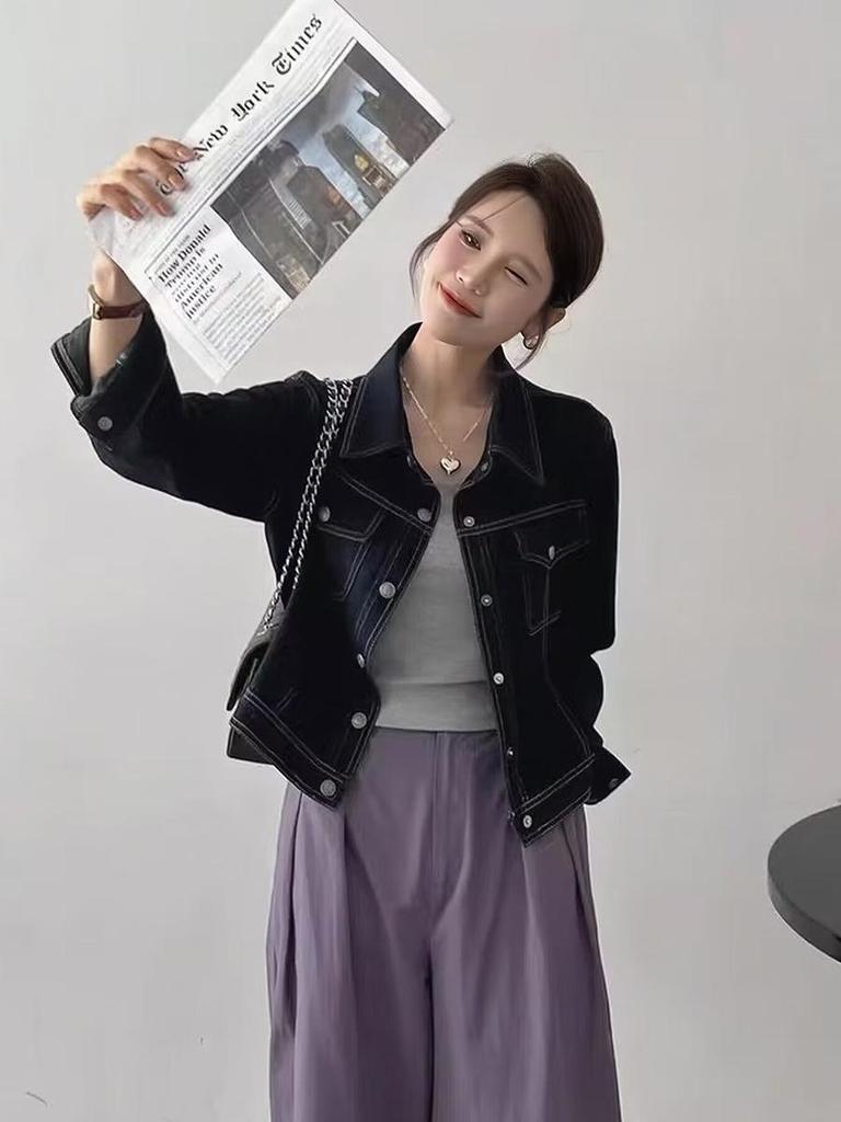 2025 Women's Korean Style Retro Denim Jacket – Spring Collection, Versatile Short Design, Long Sleeve Top