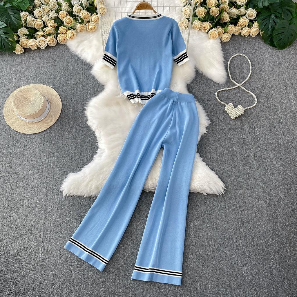 Summer Women Knitted Sweater Suit Short Sleeve Single Breasted Cardigan Top and Ankle Length Pant Two Piece Set For College Girl
