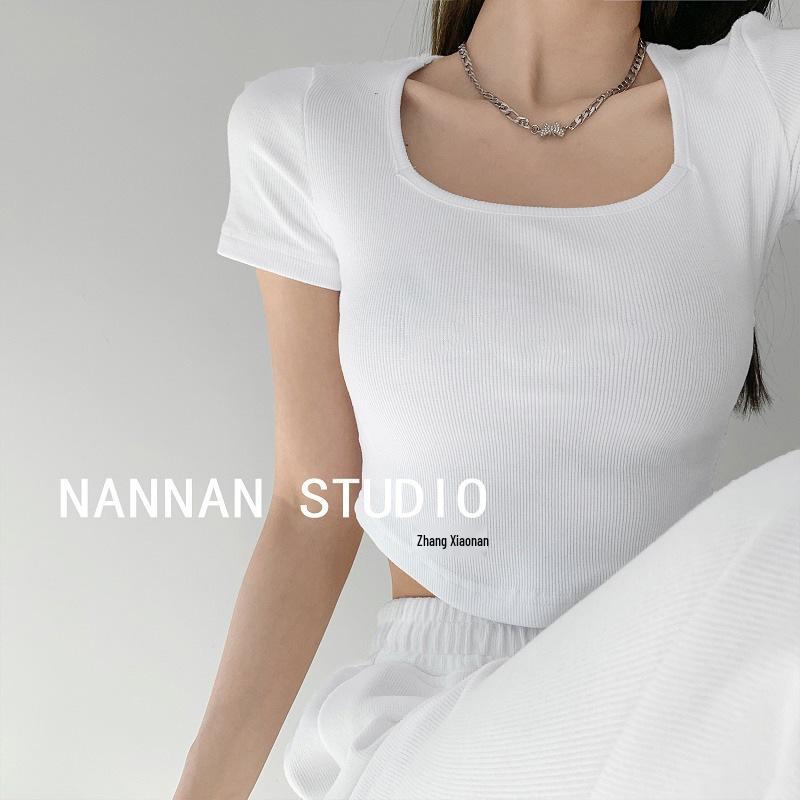 Women's Korean Style Slim Fit Wide U-Neck Crop Top - Solid Color, Short Sleeve, Oversized, Summer Layer.