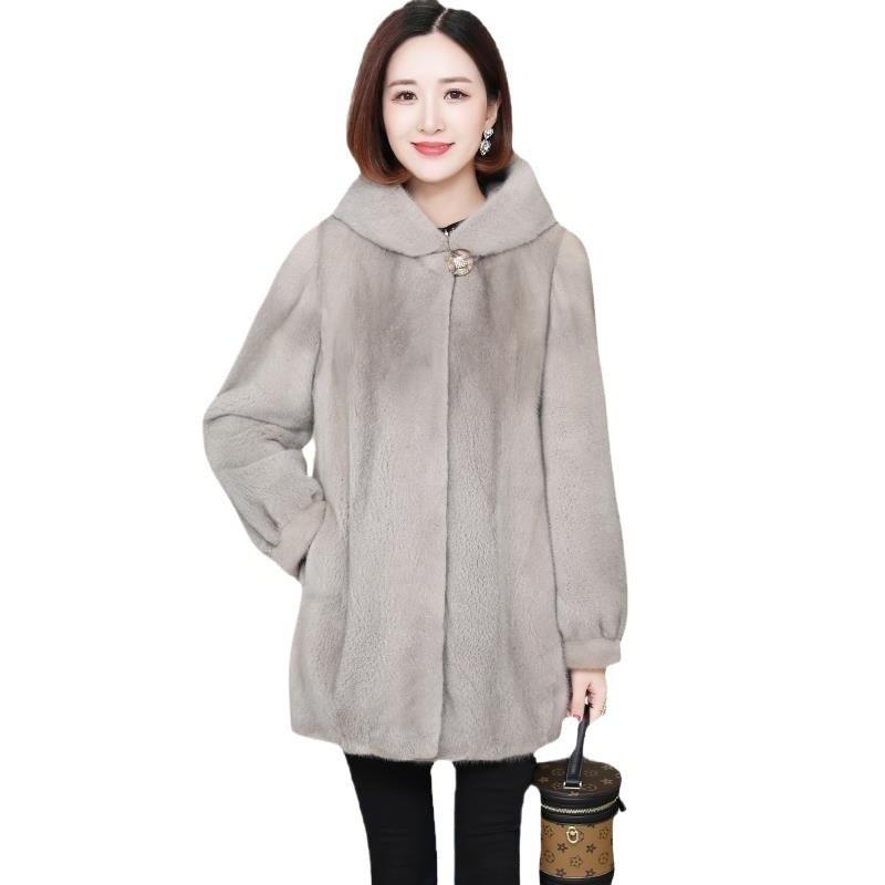 Womens Faux Fur Hooded Coat Winter Warm Thickened Mid-Length Jacket Cold Weather Stylish Elegant Outwear