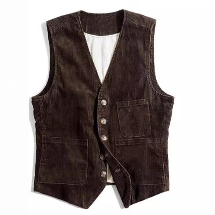 Men's Corduroy Patchwork Vest - Spring/Autumn Single-Breasted Solid Color Jacket