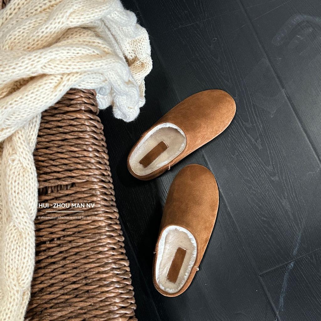 Retro leather Boken bag head slippers women wear winter warm round head lazy thick sole one pedal warm cotton shoes