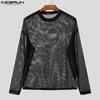 INCERUN Men Crew Neck Long Sleeve Hollow Mesh Sheer Casual Tops T-shirts