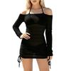 Women Mesh Long Sleeve Cover Up Bikini Set Three Piece Includes Sheer Off Shoulder Dress and Two Piece Swimsuit for Beach Pool Vacation