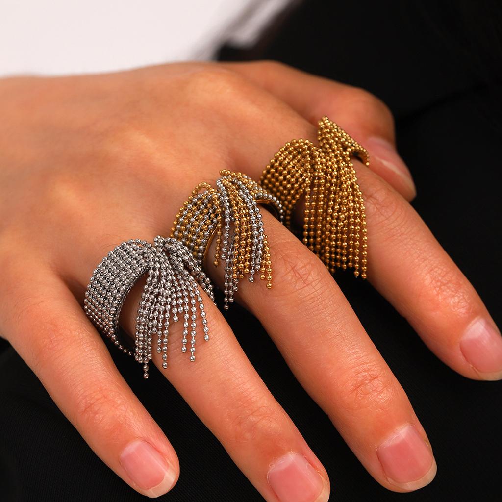 Titanium Steel Bead Fringe Open Ring for Women Light Luxury High-End Finger Ring Non-Fading Hand Jewelry