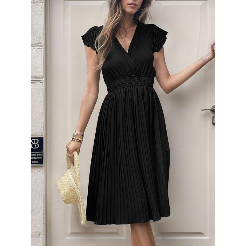 Women's Summer Pleated Skirt Elegant Short-sleeved Solid Color Dress