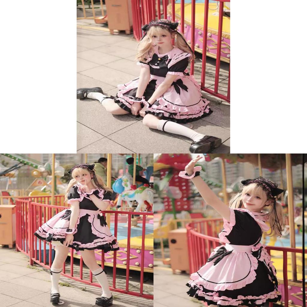 Costume da Maid Lolita Giapponese con Orecchie da Gatto per Cosplay Anime e Outfit da Ragazza Dolce