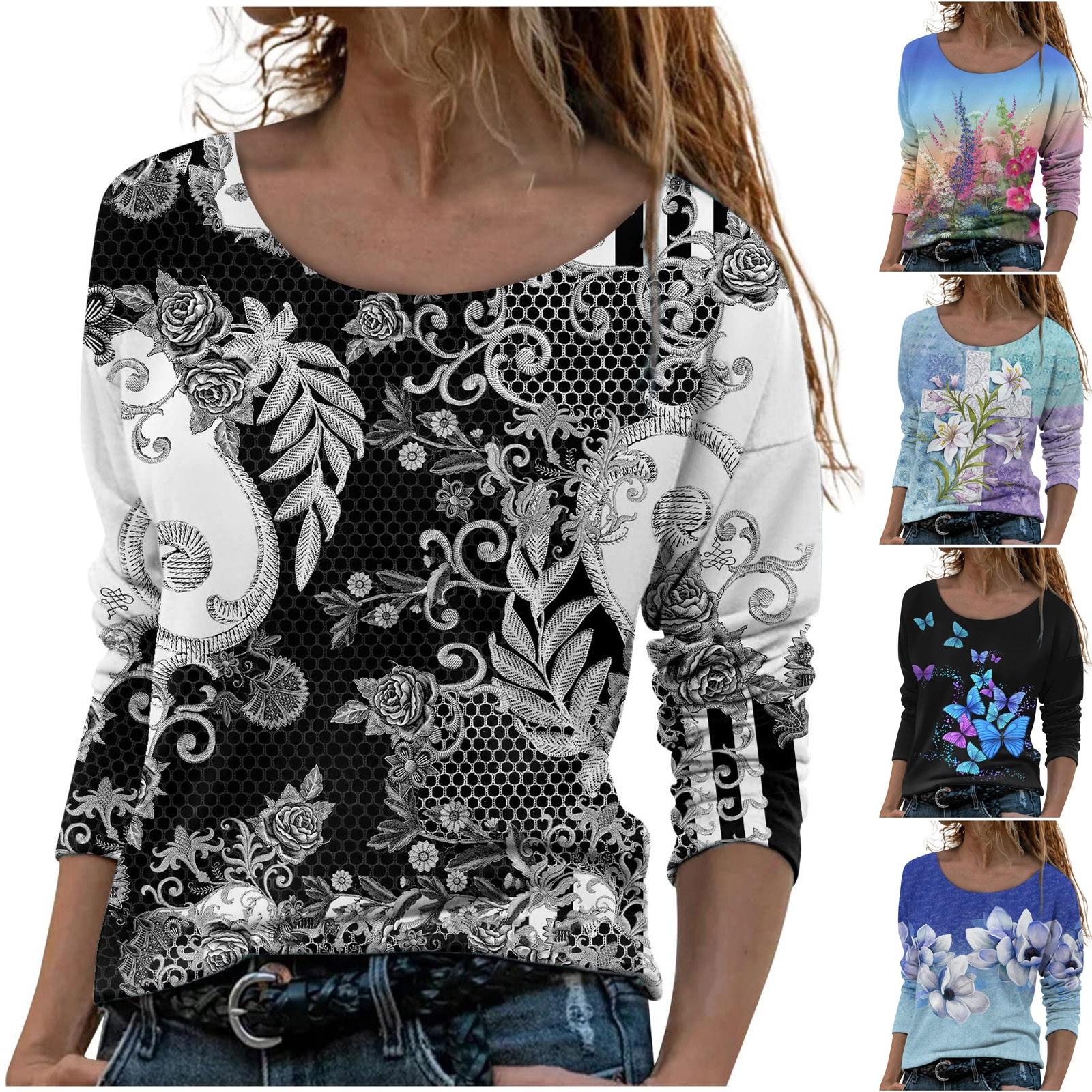 

Женская мода повседневный топ с длинным рукавом с цветочным принтом и круглым вырезом