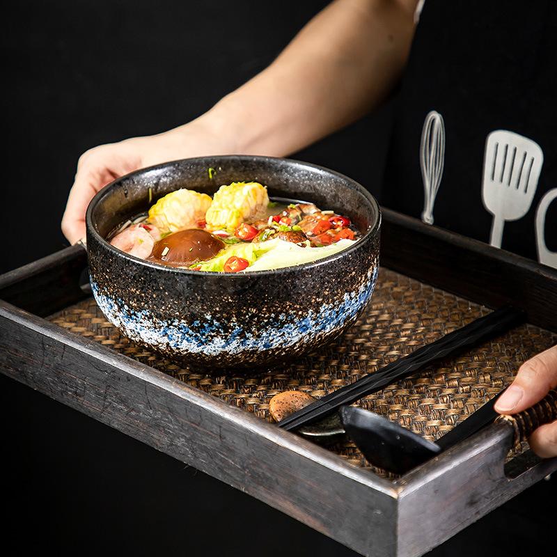 Japanese Ramen Bowl Set Black Ceramic Tableware Instant Noodle Bowl With Lid Superbowl