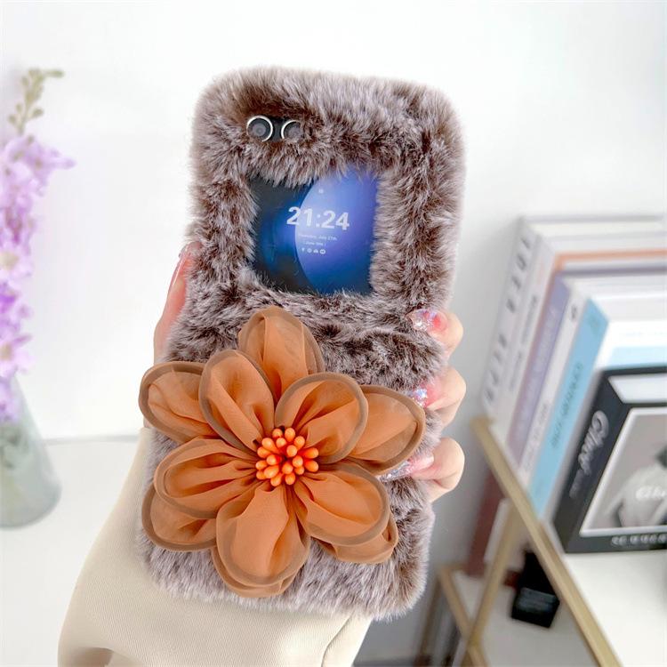 Applicable To Samsung ZFlip5 Plush Flower Phone Case Zflip3 Folding Plush Case Protective Case P50pocket