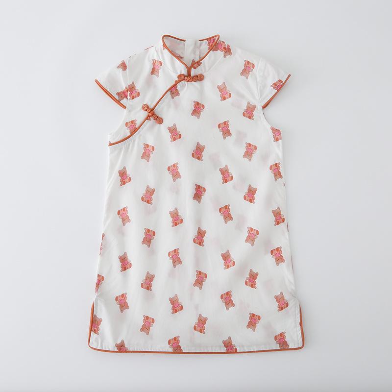 Girls Floral Cheongsam Dress 1-7 Years Old Block Slit Vintage Hanfu Qipao Summer Children Clothing 90cm