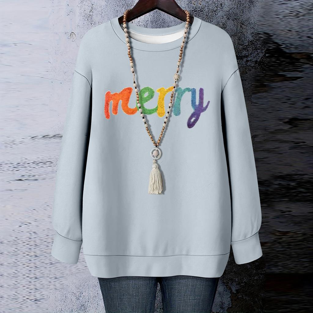 Dámské vánoční potištěné tričko s dlouhým rukávem a kulatým výstřihem