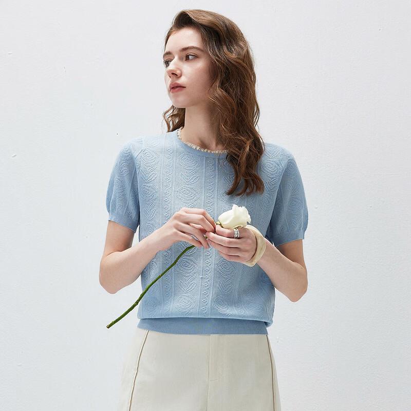 Women's Mulberry Silk Blend Lace Trim Short Sleeve Knit Top