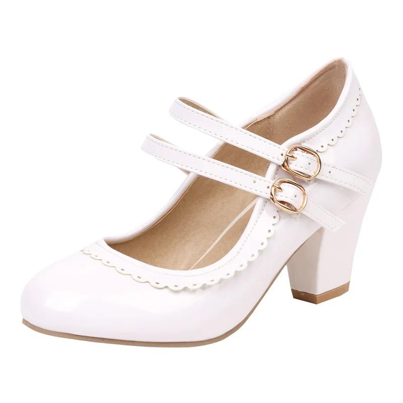 Pink Patent Leather Double Ankle Strap Mary Janes Women High Block Heels White Purple Bordered Sweet Dress Lady Round Toe Pumps