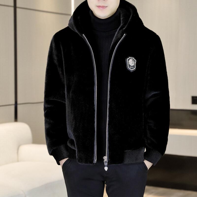 Middle-Aged Men's Gold Sable Velvet Hooded Leather Jacket - Thick Winter Coat