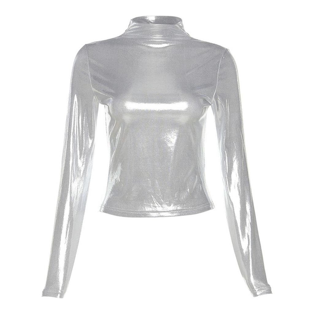 Womens Shiny Long Sleeve T-shirt Fashion Metallic Mock Neck Slim Fit Tops Party Clubwear