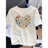 European Size Women's Floral Print Short Sleeve T-Shirt - Soft Breathable -like Polyester Fabric, Black & White Casual Round Neck Blouse with Flower