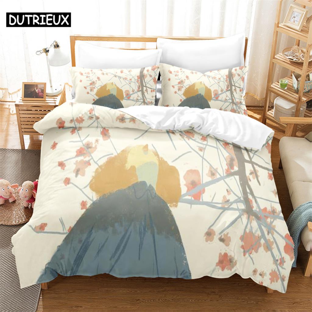 

3PCS Beautiful picturesque Bedding Sets Home Bedclothes Super King Cover Pillowcase Comforter Textiles Bedding Set EU single(135x200cm)&set
