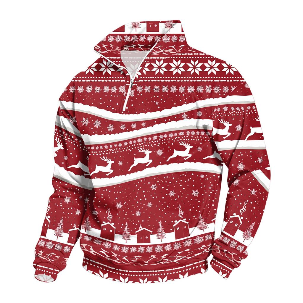 Men's 1/4 Zip Sweatshirt with Stand Collar and Christmas Print Casual Long Sleeve Pullover