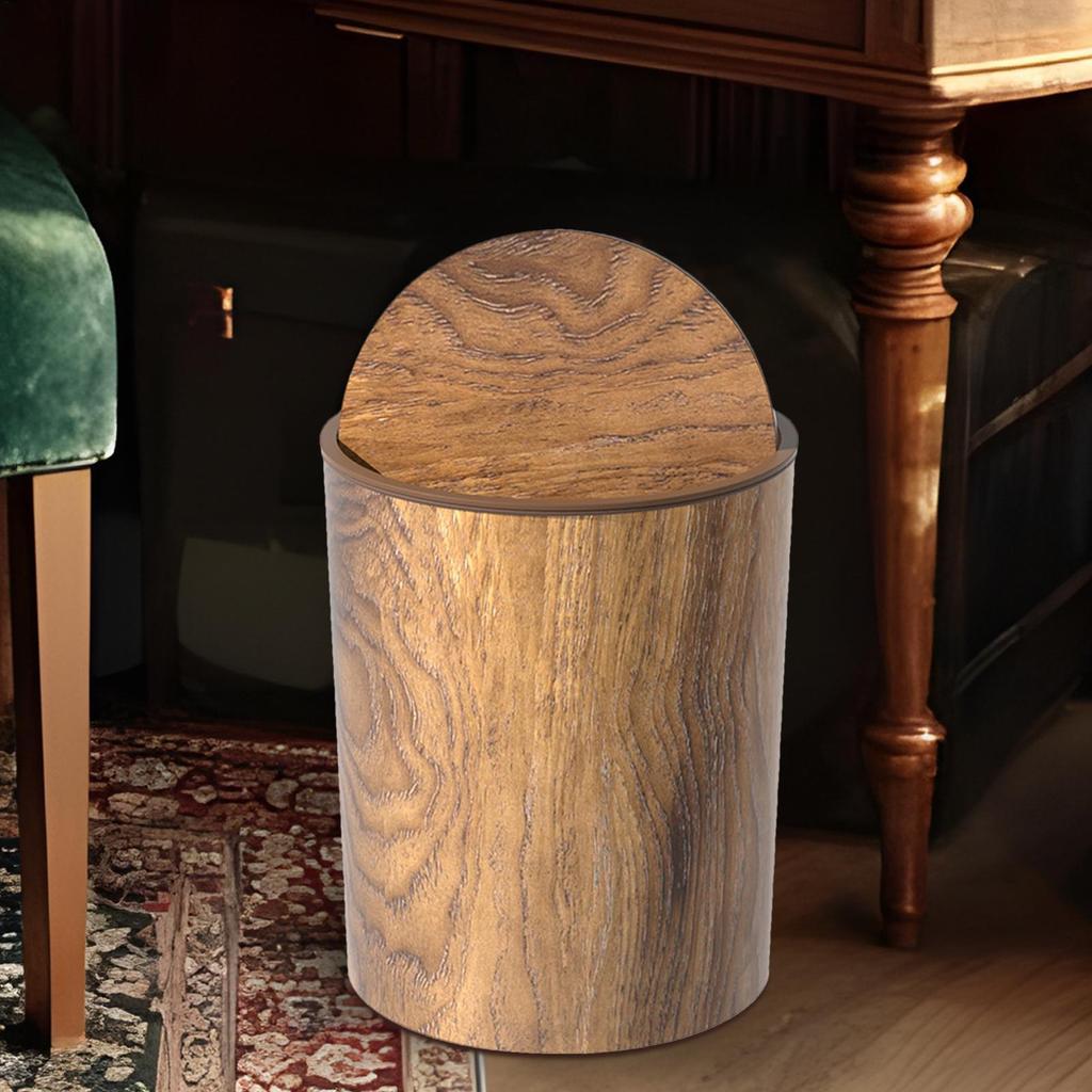 Imitation Wood Grain Trash Can Swing-Top Wastebasket Retro Small Garbage Dustbin for Household Bedroom Office Bathroom Kitchen