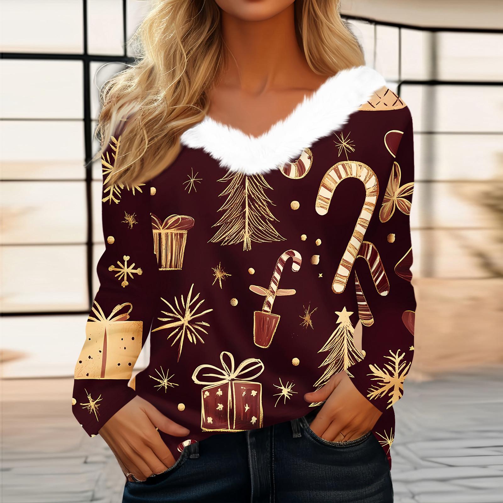 

Женская футболка с рождественским принтом, вечерние рубашки с длинным рукавом, рождественский флисовый воротник, топ с v-образным вырезом XL золотой