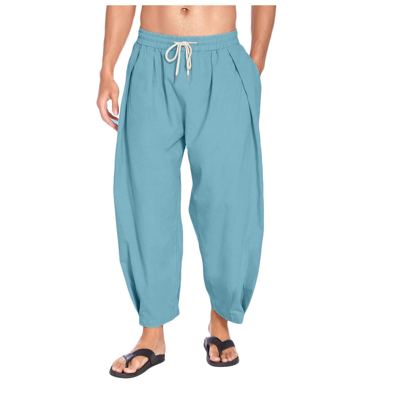 

Men s Cotton Linen Harem Pants Dstring Loose Fit Wide Leg Casual Trousers Hip Hop Sle Een Color Pattern 3XL темно-синього кольору