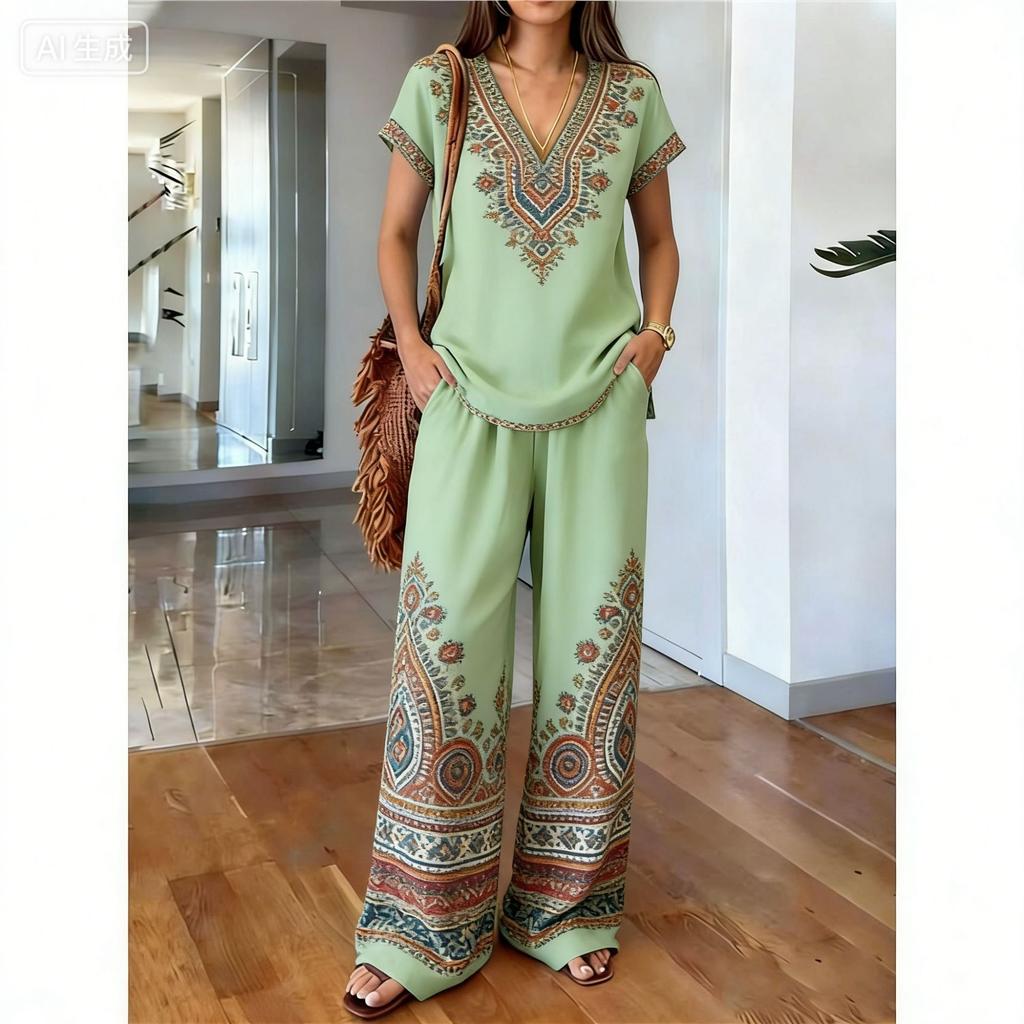 Y11116 Summer loose short-sleeved top wide-leg pants two-piece women's clothing European and American fashion suit