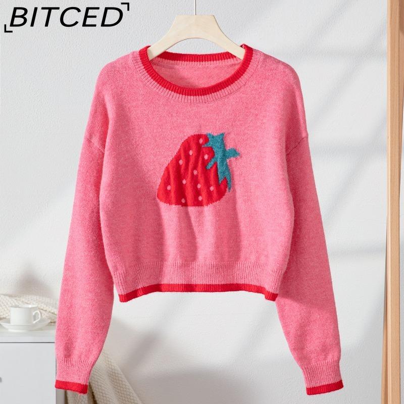 

BITCED Клубничный жаккардовый осенний женский пуловер, повседневный укороченный вязаный топ с длинными рукавами XL розовый