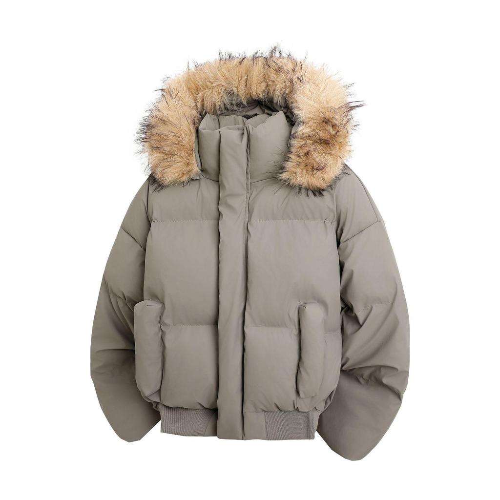 Couple's Winter Leather Down Jacket: Short, Loose, Thickened with Large Fur Collar and Hood.