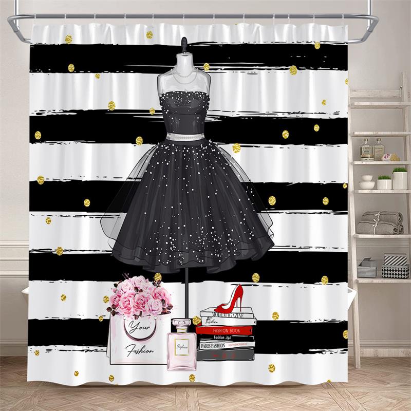 Floral Perfume Shower Curtains Pink Flower Butterfly Red High Heel Black White Stripe Fashion bath Curtain Fabric Bathroom Decor