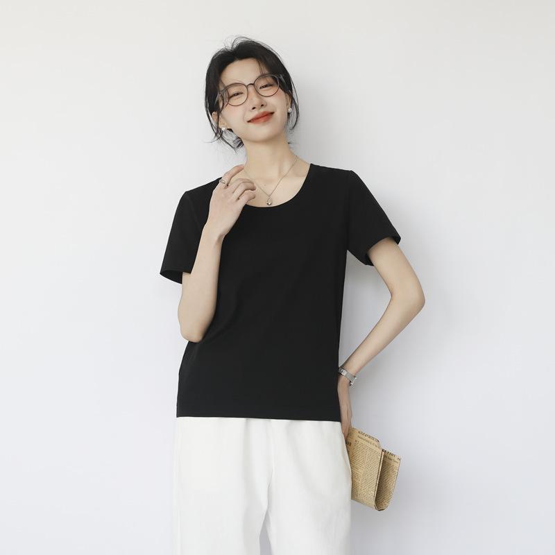 

Женская свободная футболка с U-образным вырезом и коротким рукавом, базовая повседневная футболка для работы S (Recommended for up to 95 jin) чёрный