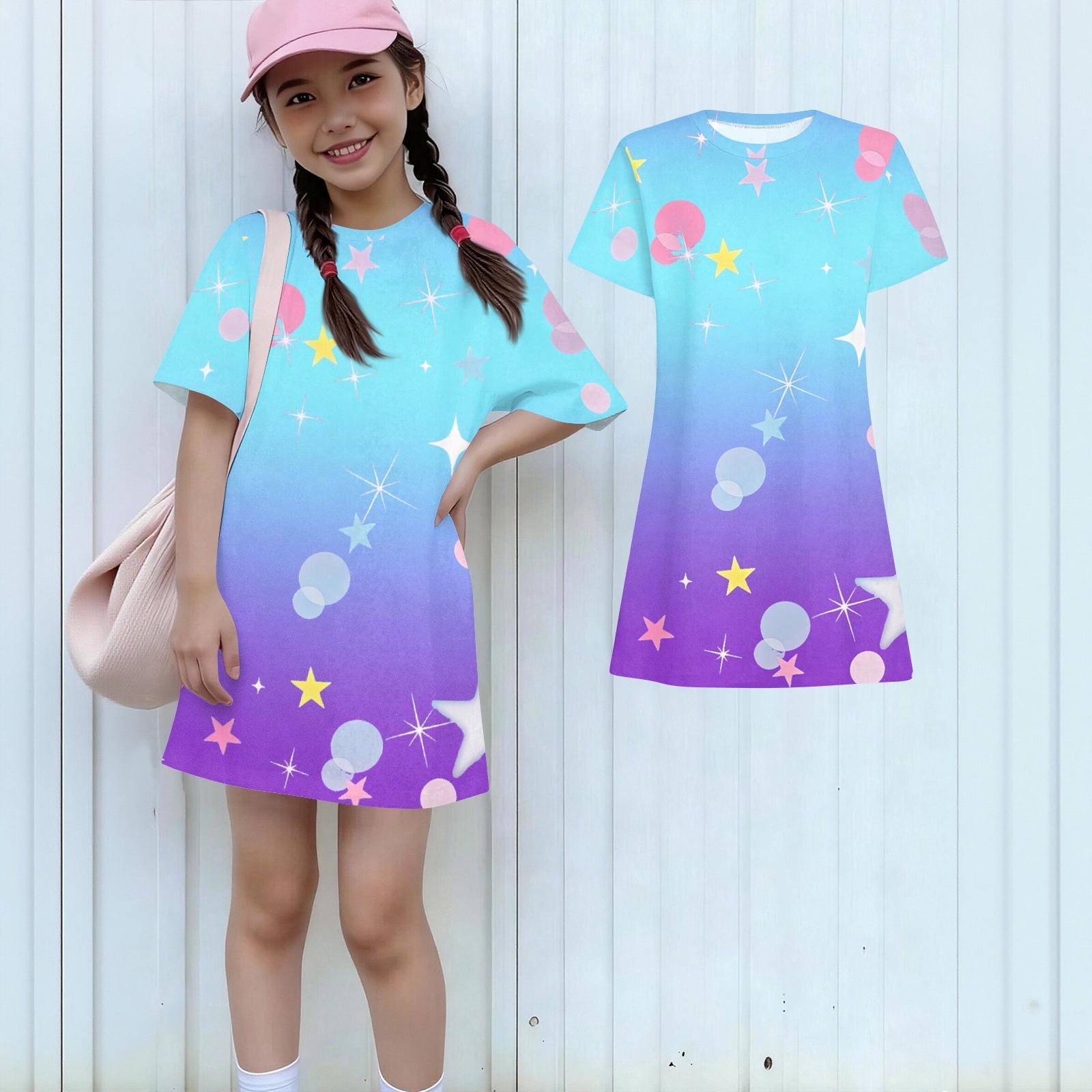 Girls Print Casual Dress Kids Loose Round Neck Short Sleeve Thin Sundress 100 синий