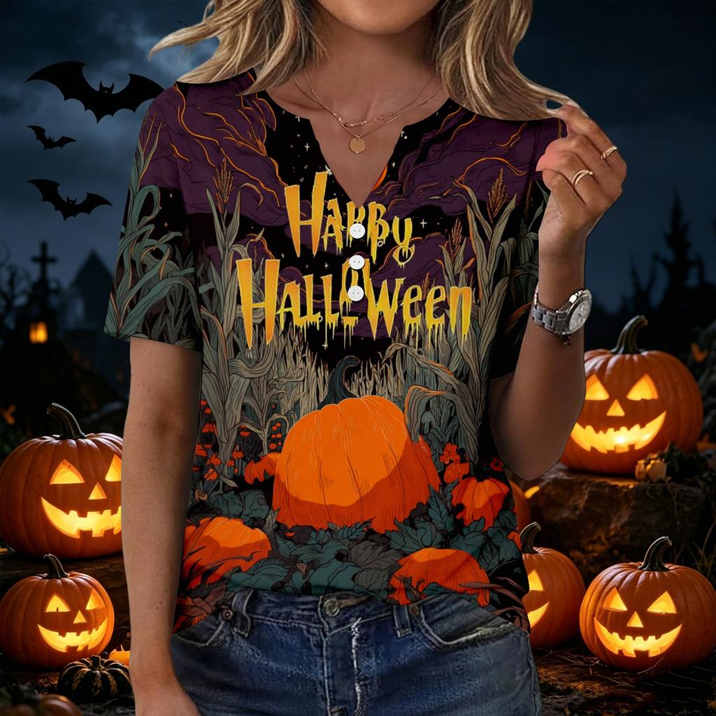 Women's Halloween Printed Loose Fit V Neck Short Sleeve Top with Pocket Casual Lightweight Blouse for Everyday Wear
