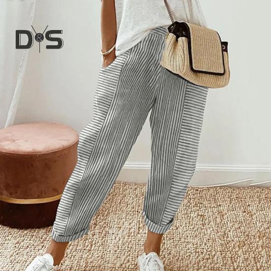 Damen Freizeithose Elastische Taille Mittelhohe Sommer-Jacquard-Lange Hose mit Taschen Streifenmuster Locker sitzende Hose