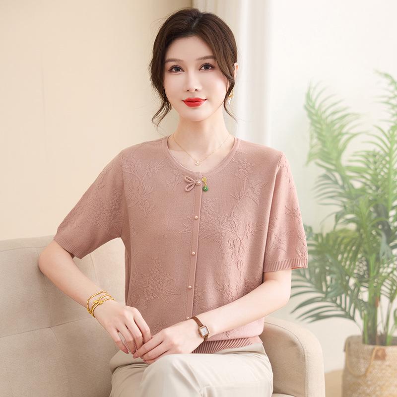 2026 New Summer Short Sleeve Ice Silk T-shirt for Young, Middle-Aged, and Elderly Women - Chinese National Style