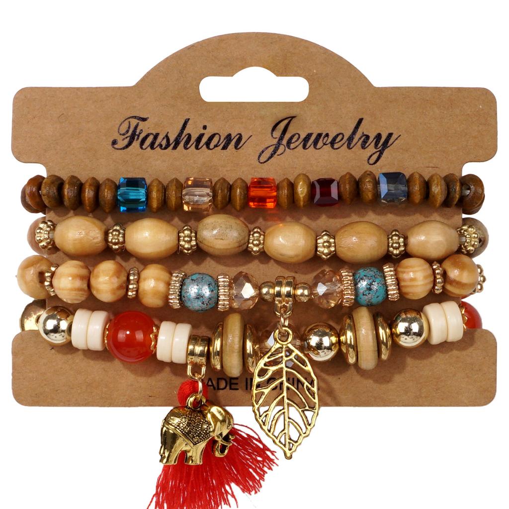 4pcs/set Boho Wooden Beaded Bracelet For Women Leaf Tassels Chain Bangle Bohemia Jewelry Accessory