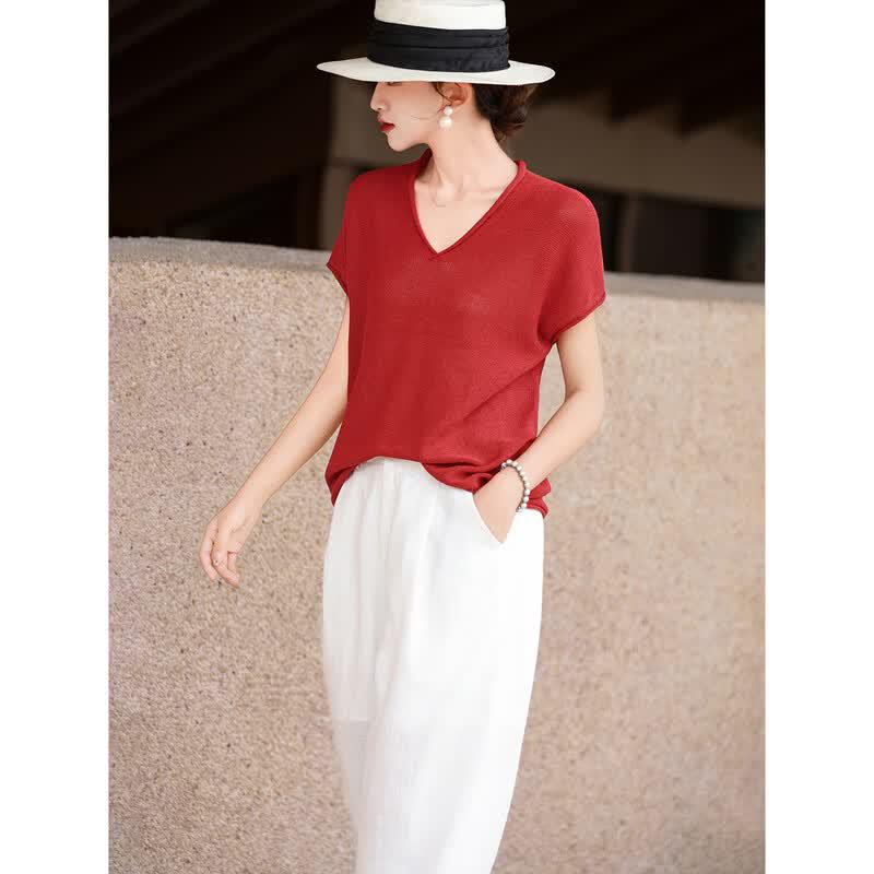 Women's V-Neck Short Sleeve Knitted Top