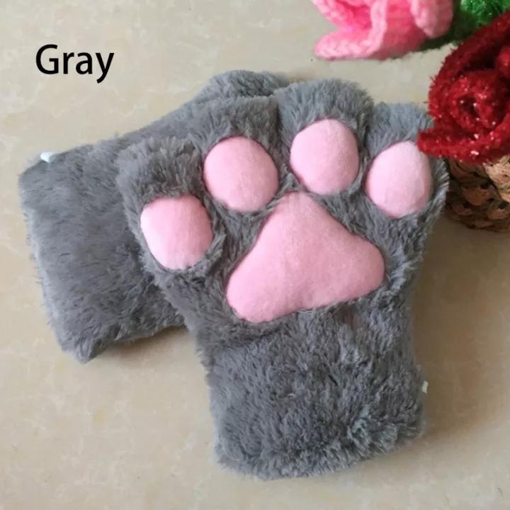 Kawaii Cat Claw Paw Plush Gloves Women Winter Warm Short Fingerless Gloves Fluffy Bear Cat Mittens Costume Half Finger Mittens