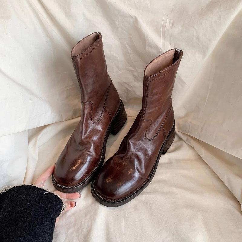 Washed cowhide thick-soled heightening short boots women's retro thin boots thick heel cigarette boots Martin boots