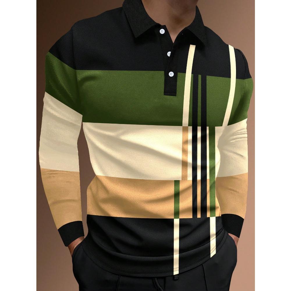 Fashion Men's Sweatshirt Long Sleeve Lapel Top Button Down Striped Polo Shirt