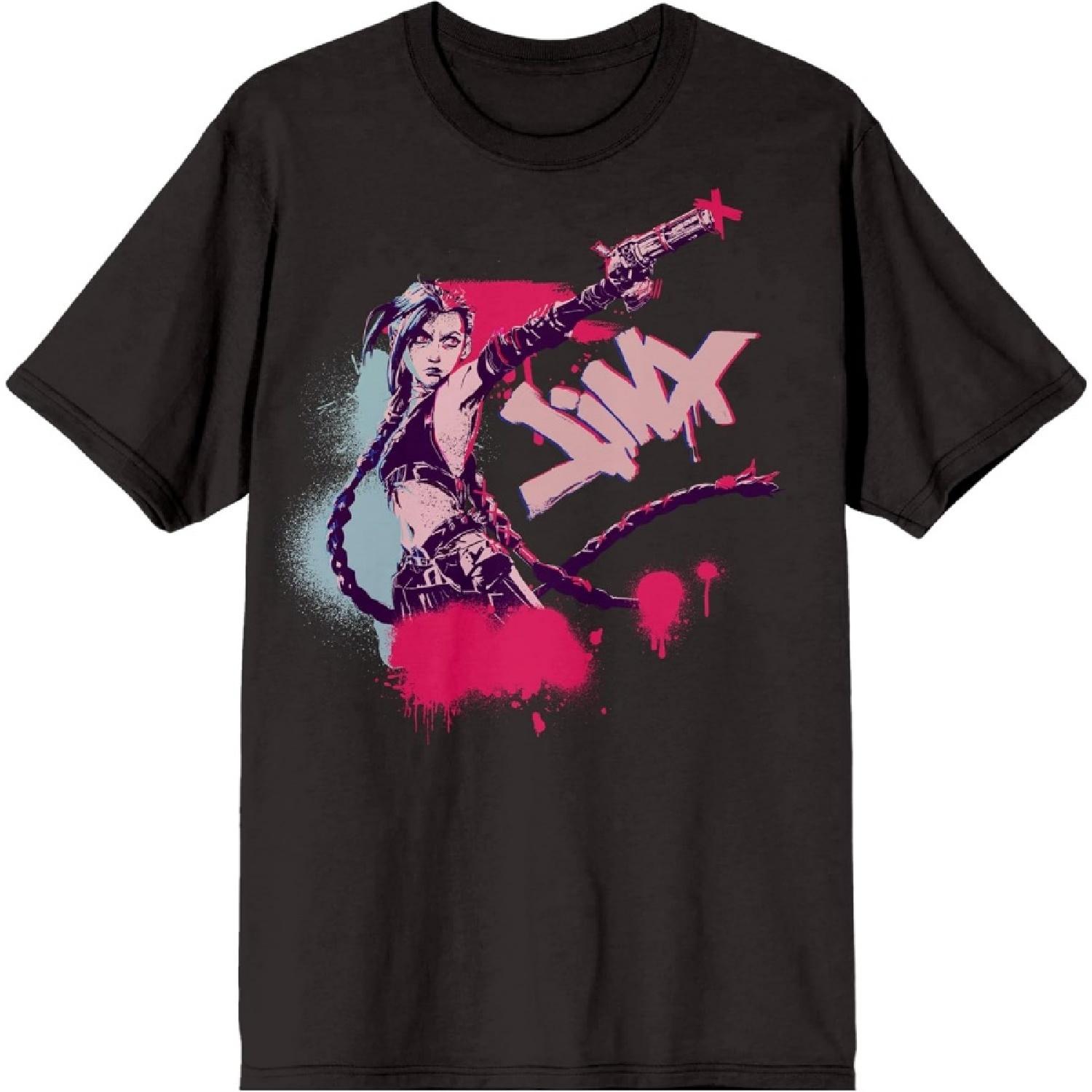 Arcane League of Legends Джинкс Арт спереди и сзади Взрослая черная футболка с коротким рукавом и круглым вырезом S