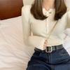 Women Long Sleeve Knitted Sweater Spring Autumn Button O Neck Inside Tight Knit Pullover Top