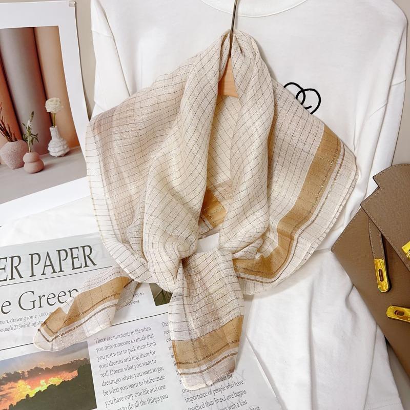 90 square scarf silk scarf women's new fashion color matching versatile neck protection scarf scarf simple gold thread scarf yarn shawl