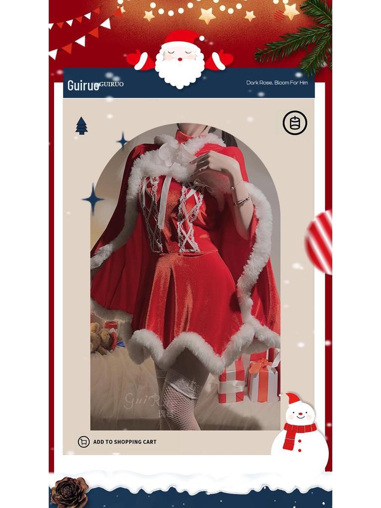Velvet Patchwork Backless Christmas Princess Dress with Lace Cape Set