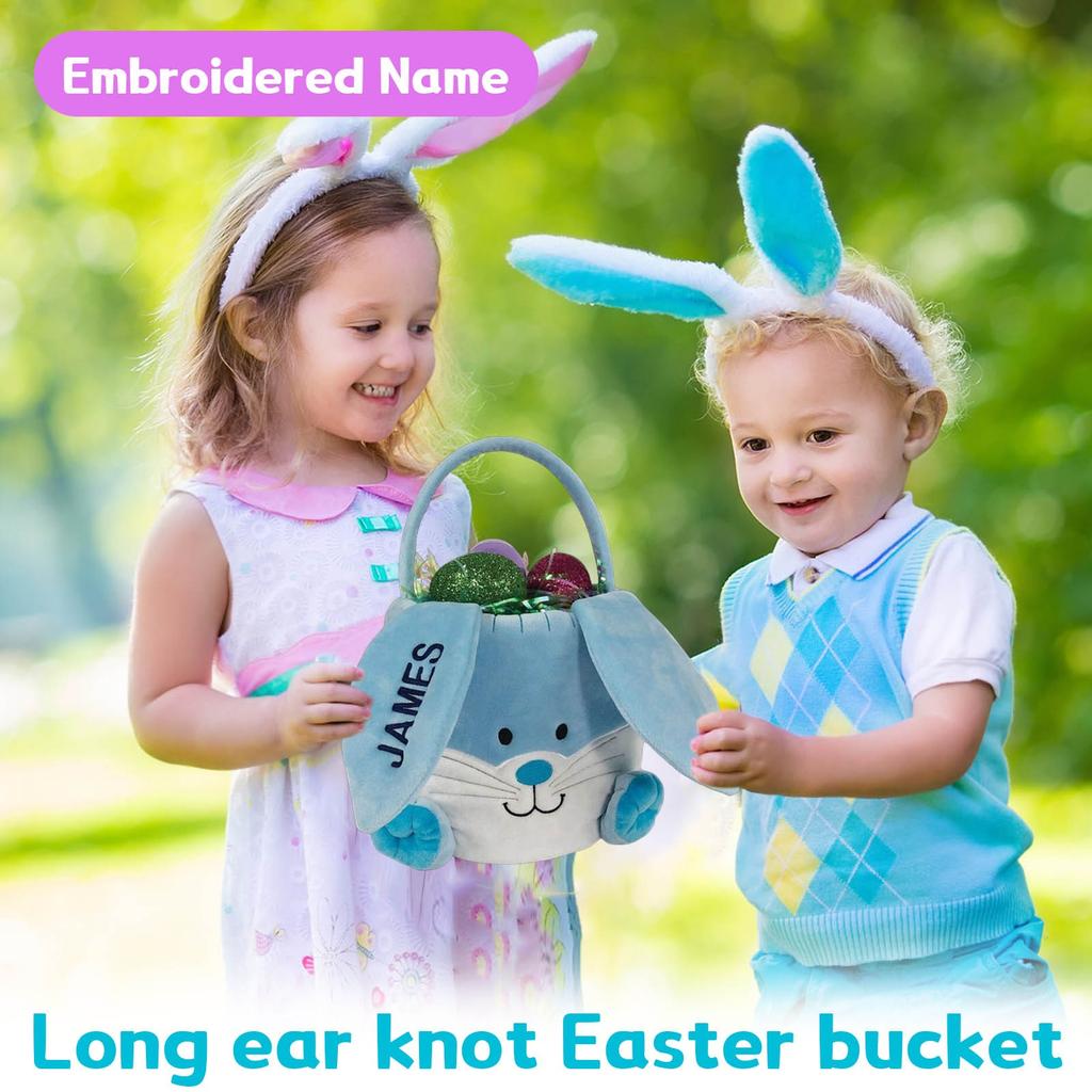 Embroidered Name Bunny Bucket Long Ears Personalized Single Ear Custom Easter Bunny Basket
