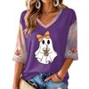 Women's Halloween Print V-Neck 3/4 Sleeve Casual Blouse Top