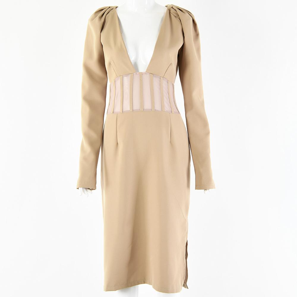 

European and American style hollow splicing dress, celebrity style explosion, sexy perspective split V-neck long-sleeved temperament dress S хаки